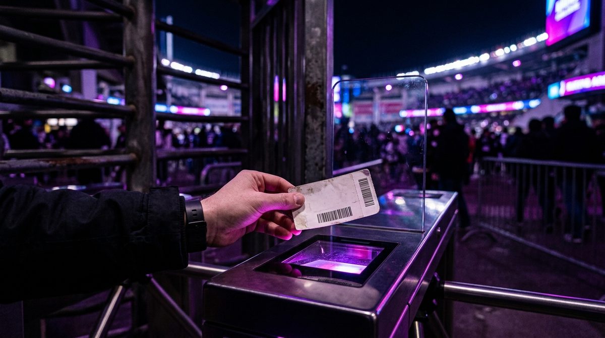 Tangan memindai tiket di gerbang putar stadion dengan cahaya malam keunguan