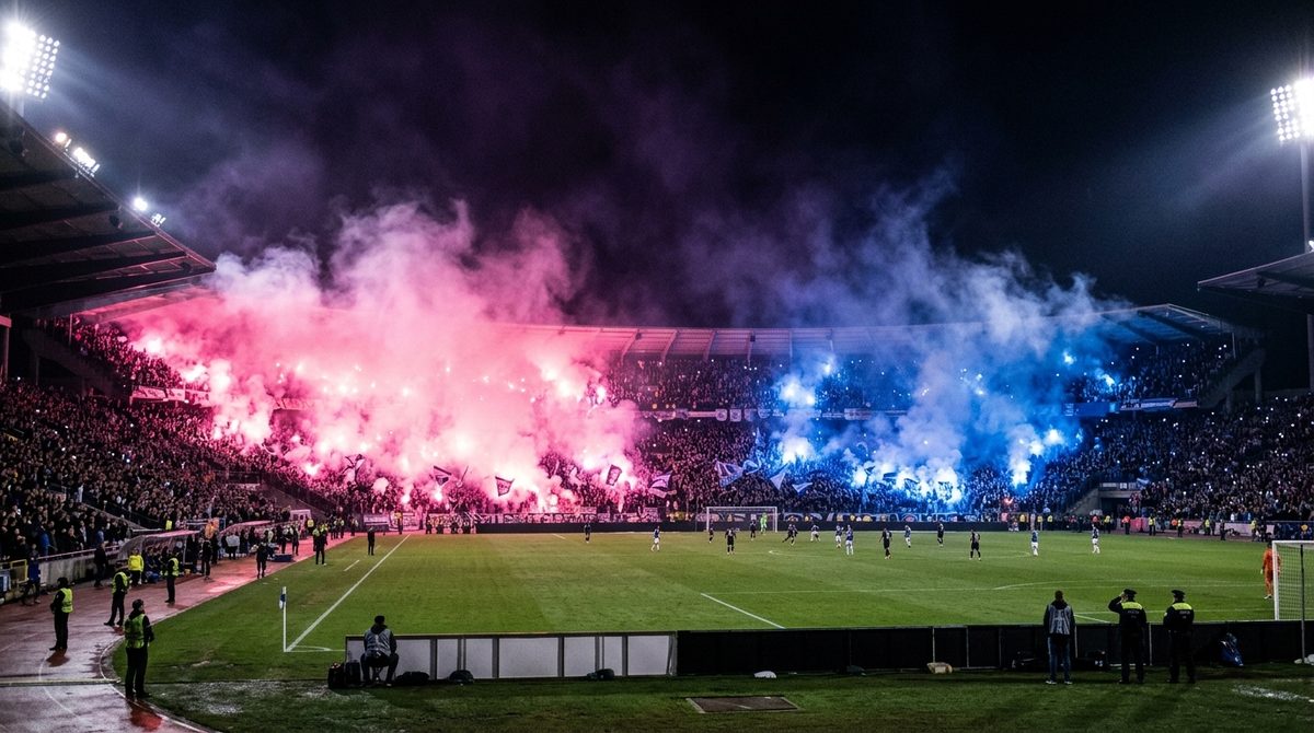 Tribun stadion terbelah dua warna dengan suporter berkibar dan asap suar di malam hari