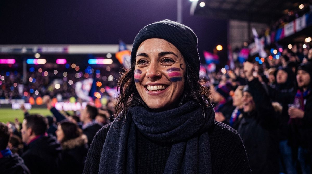 Wajah suporter dengan cat muka dan syal klub tersenyum di antara kerumunan tribun