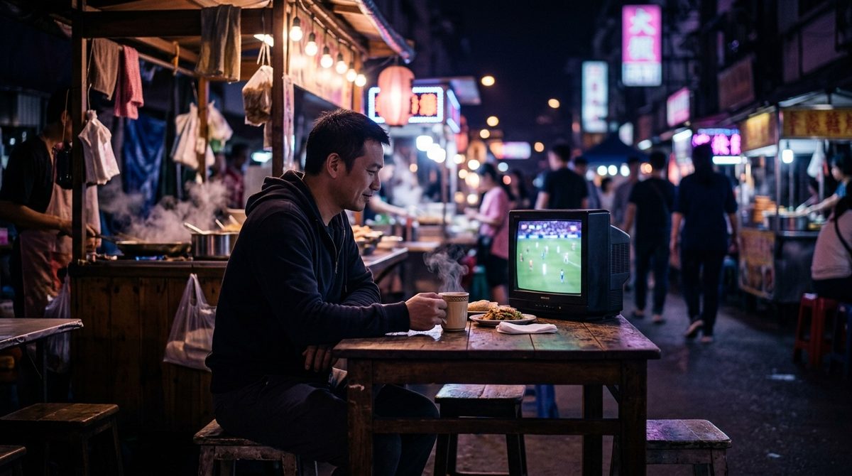 Suporter menonton pertandingan dengan tenang di warung kopi malam sambil minum teh