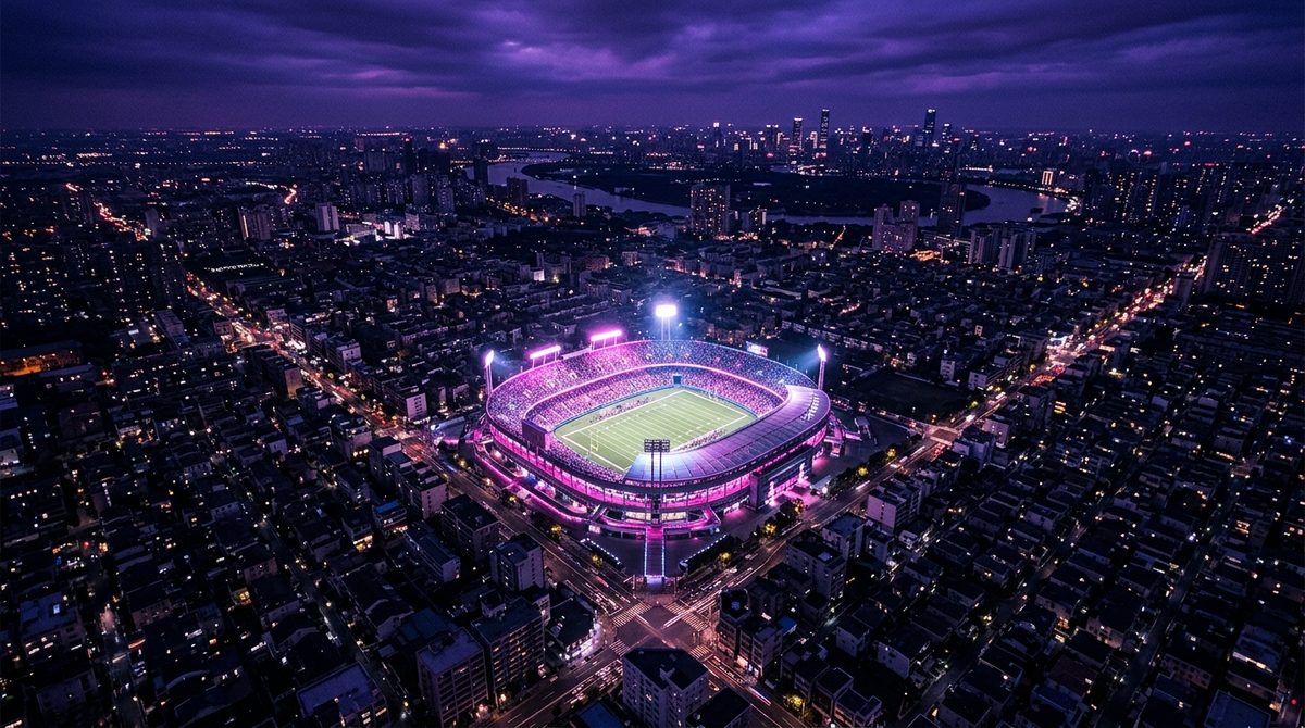 Stadion menyala di malam hari dilihat dari atas di antara permukiman kota
